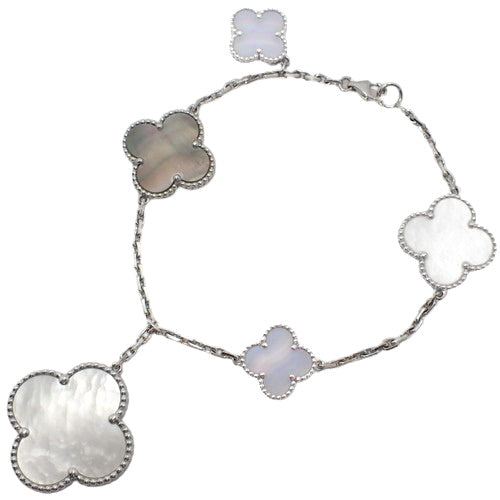 Magic Alhambra Bracelet, 5 Motifs, White Mother-of-Pearl/Grey Mother-of-Pearl/Chalcedony, 18K White Gold, WG