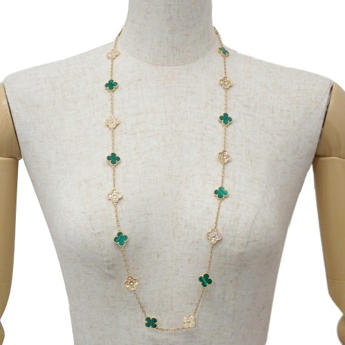 Vintage Alhambra Long Necklace, 20 Motifs, Malachite and Diamond, 18K Yellow Gold