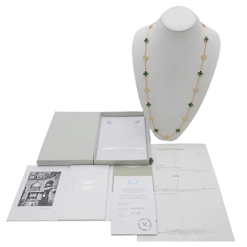 复古 Alhambra 长项链，20 种图案，孔雀石和钻石，18K 黄金