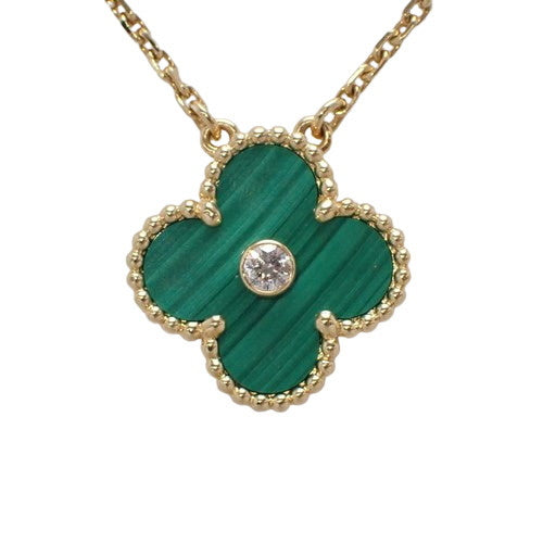 Vintage Alhambra Necklace, Malachite/Diamond, 18K Yellow Gold, YG Clover, 2013 Holiday Limited Edition, 1PD