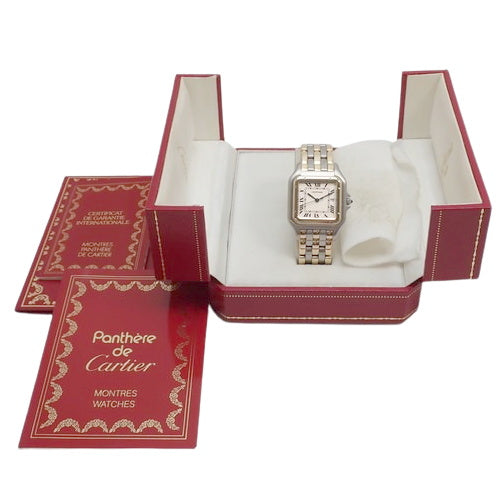 W25027B8 Panthère LM 三排式腕表，黄金/精钢材质，石英机芯，白色表盘。