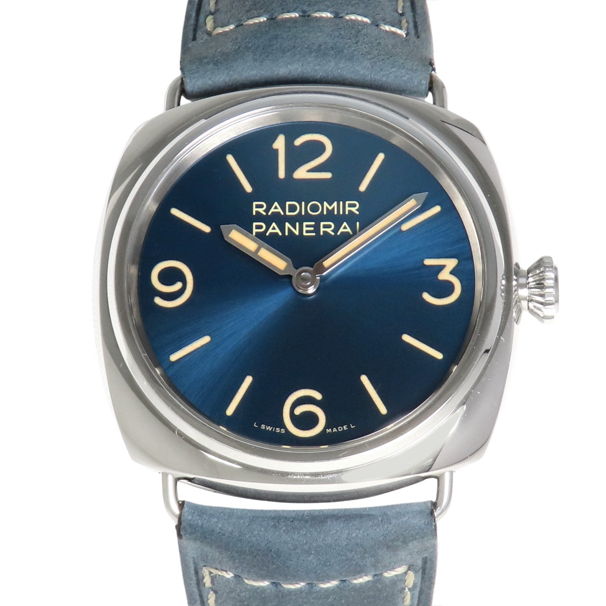 【2024年保修卡附】PAM01383 Radiomir Officine SS/皮革 手动上链 蓝色