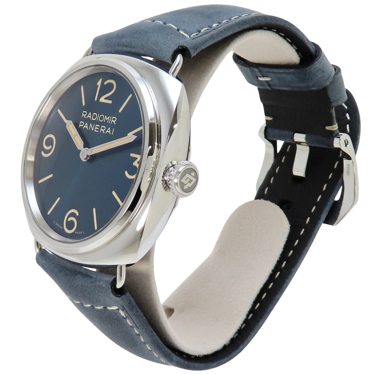【2024年保修卡附】PAM01383 Radiomir Officine SS/皮革 手动上链 蓝色