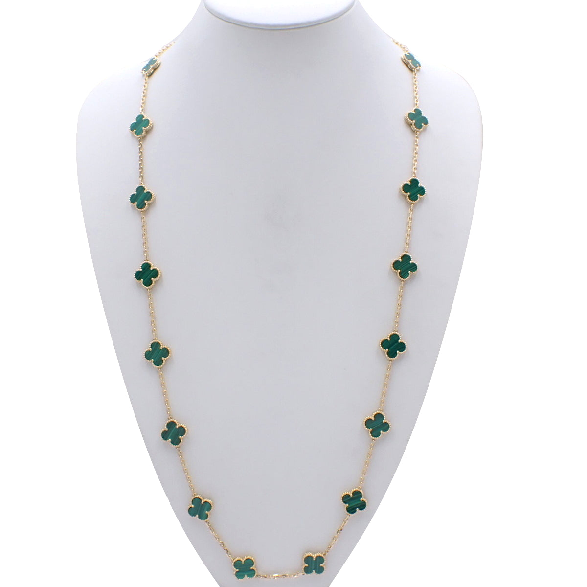 Vintage Alhambra Long Necklace, 20 Motifs, Malachite, 18K Yellow Gold, YG, Accessory, Jewelry, Flower Motif