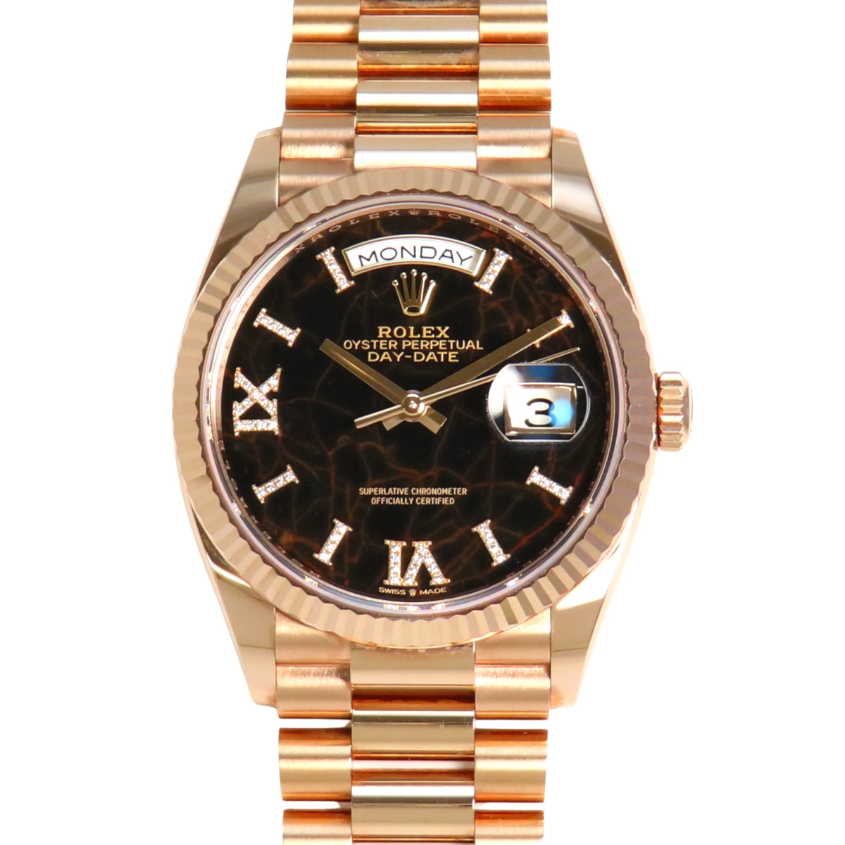 128235 Day-Date PG, random serial number, automatic winding, dark brown dial, Eisenkeisel (iron-nickel alloy) hour markers, diamond indexes.