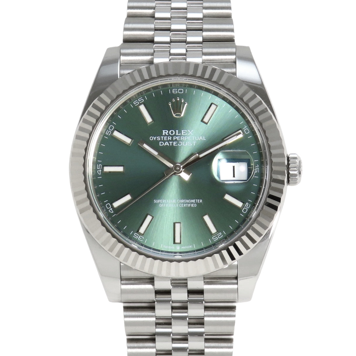 126334 Datejust 41 WG/SS, random serial number, automatic winding, green dial.