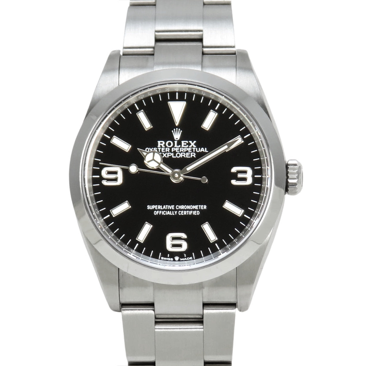 124270 Explorer 1 SS, random serial number, automatic winding, black dial.