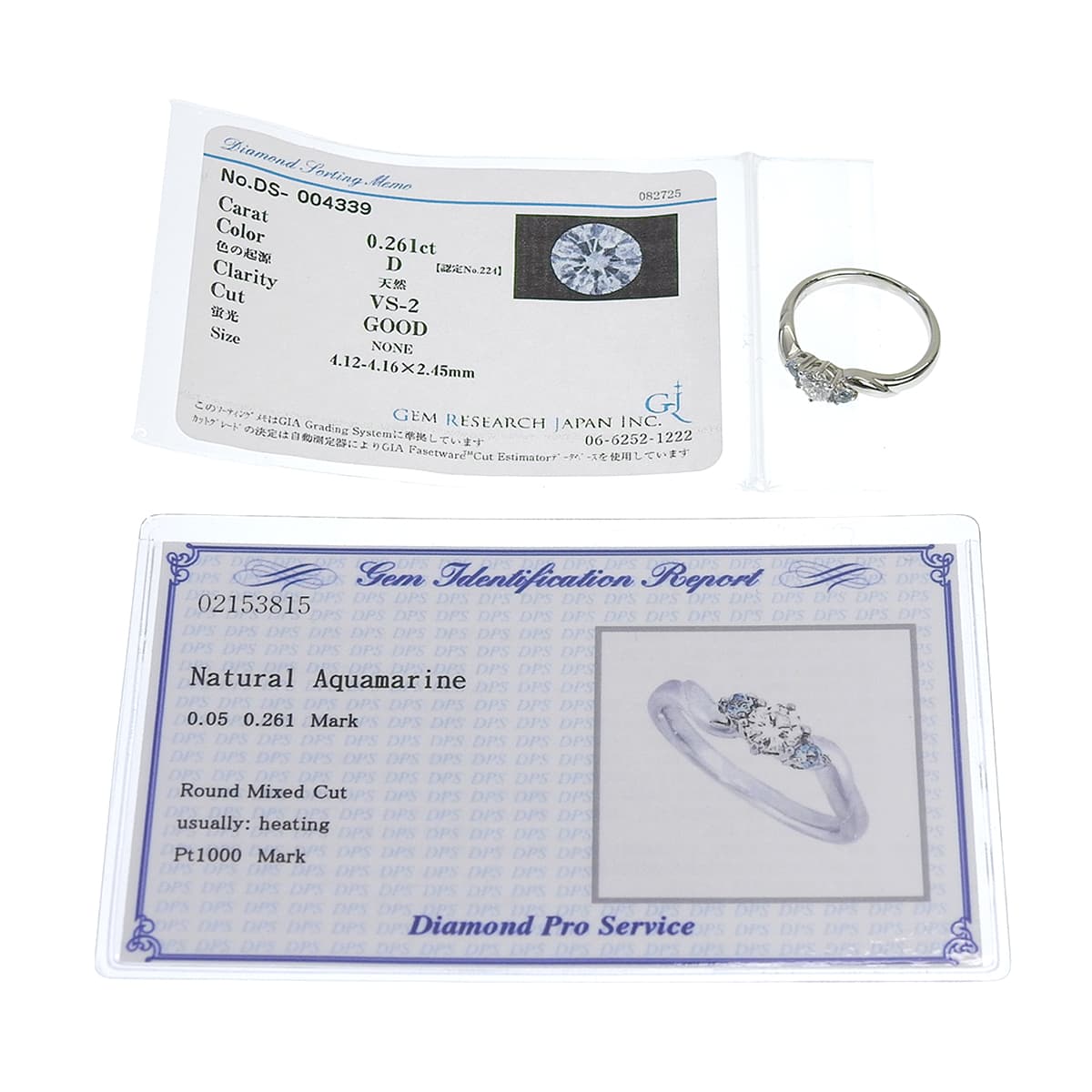 Diamond and aquamarine ring D0.261/AQ0.05 in platinum Pt1000, 4.5g