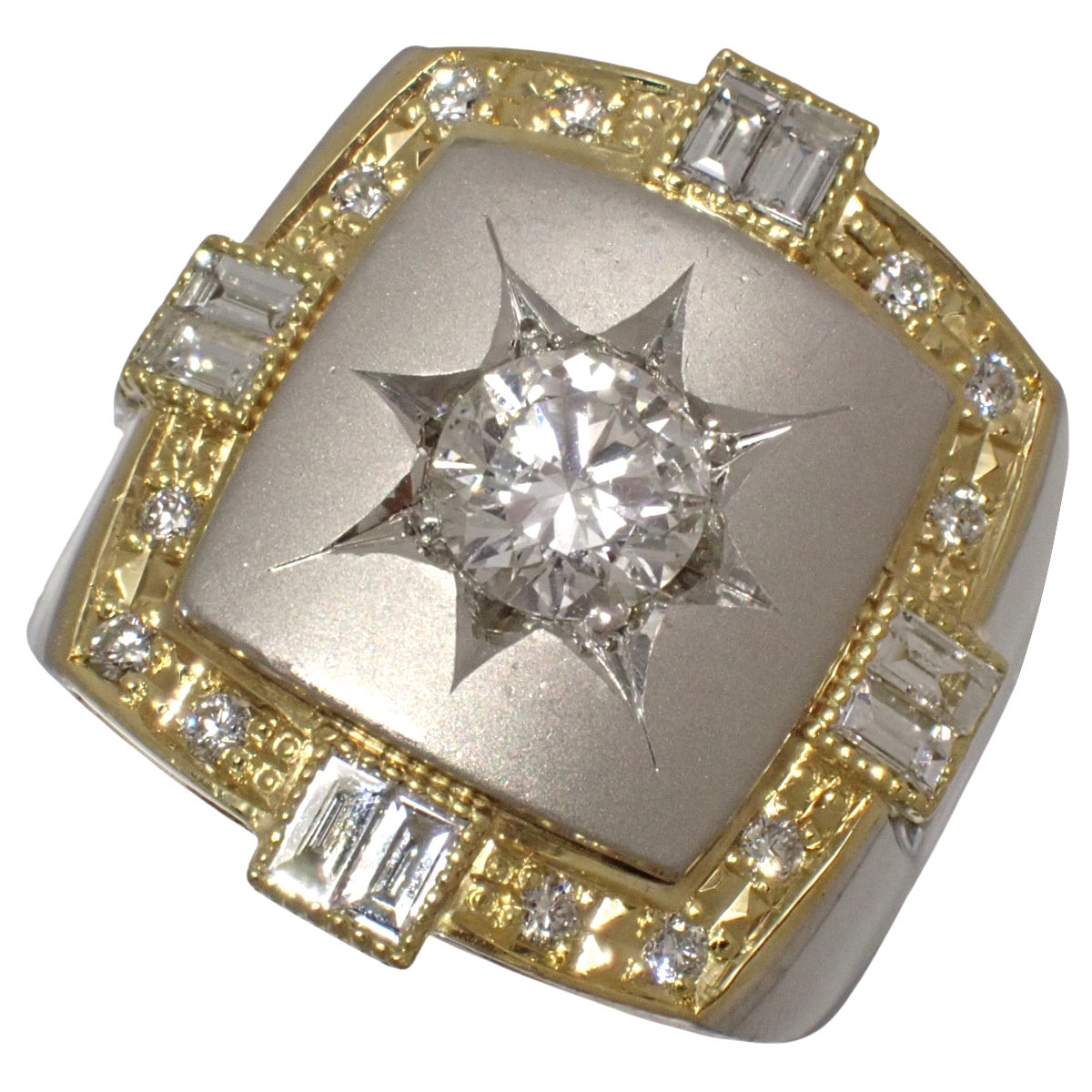 ダイヤモンド 印台 リング D1.004/D0.76 プラチナ Pt900 イエローゴールド K18YG