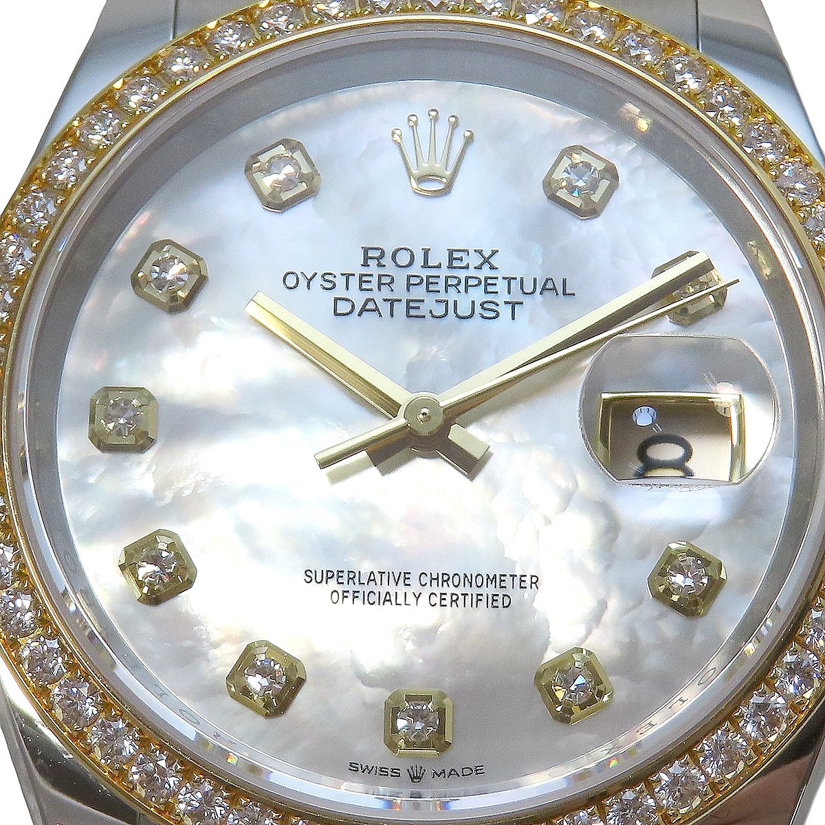 Datejust 36 Diamond Bezel 126283RBR YG/SS Random Serial Mother of Pearl Dial White Automatic Men's