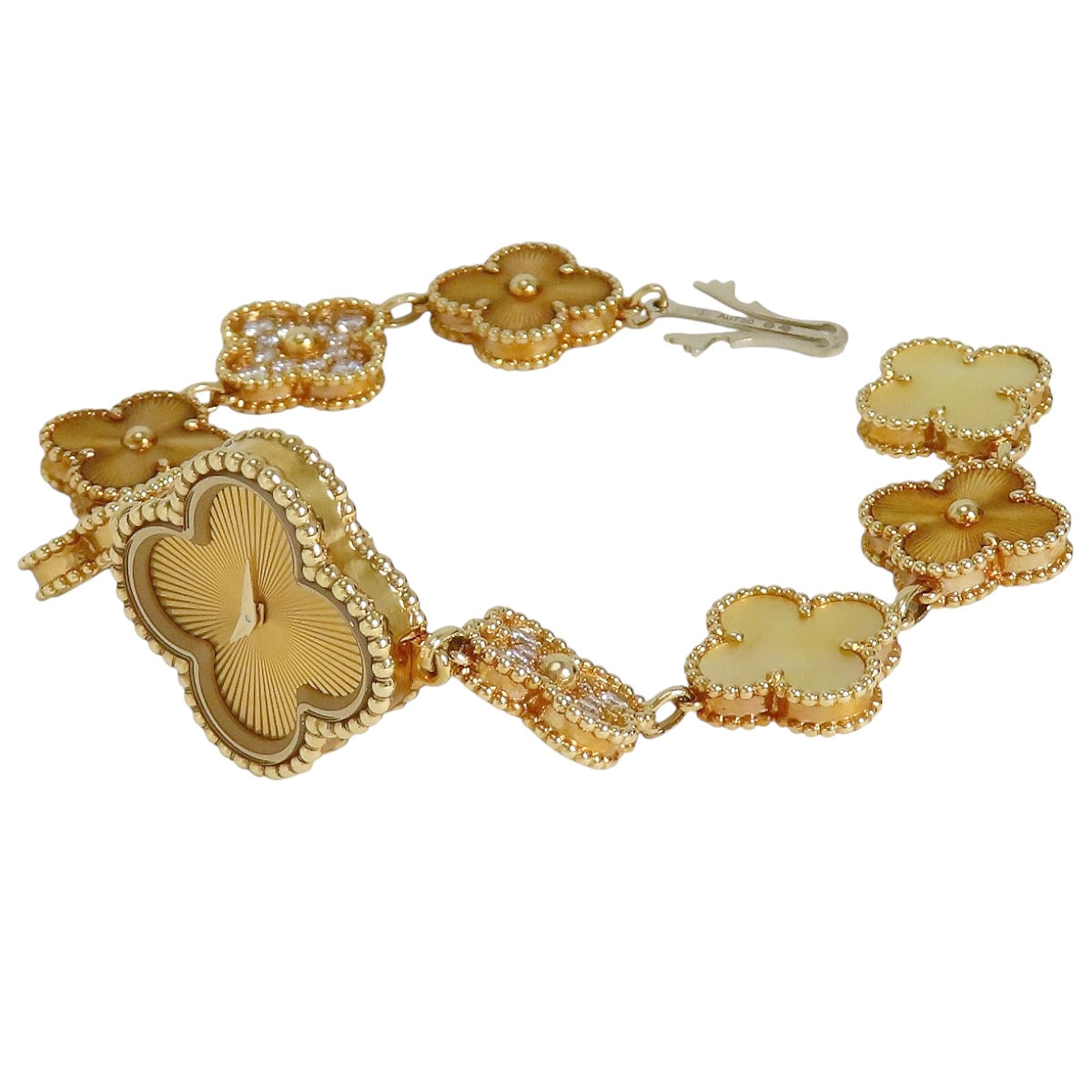 Sweet Alhambra watch, diamonds, mother-of-pearl, VCARO8WW00, 18K yellow gold, guilloché dial, quartz, women's